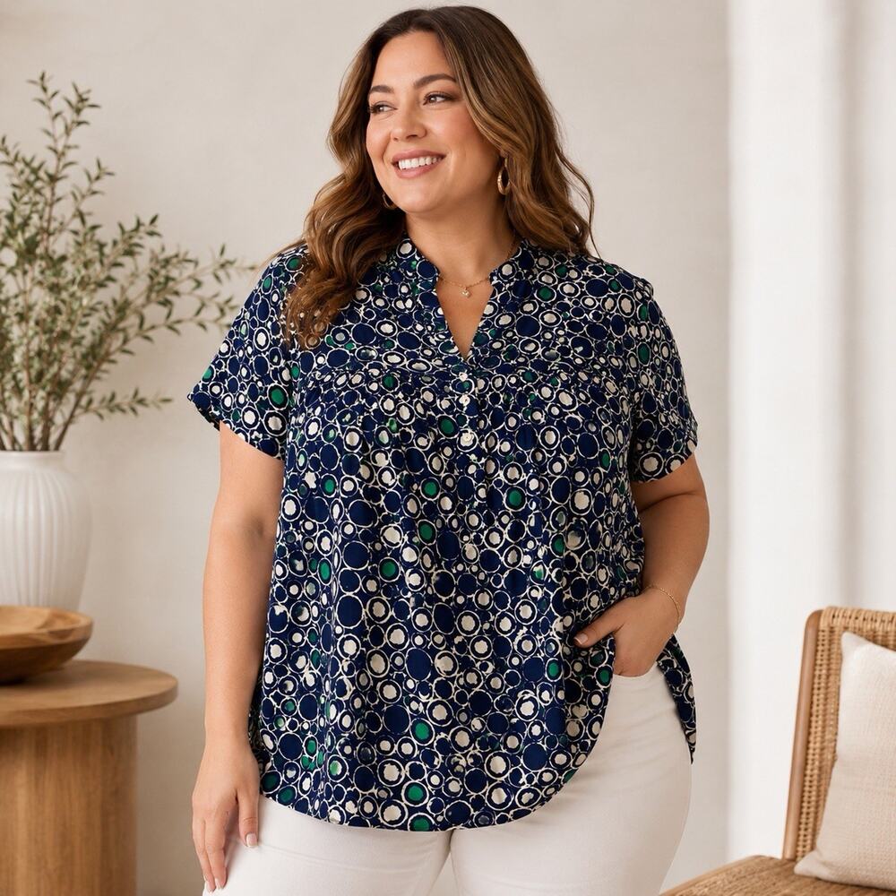 Southern Lady Women’s Plus Size 2X Navy Abstract Circle Print Peasant Blouse